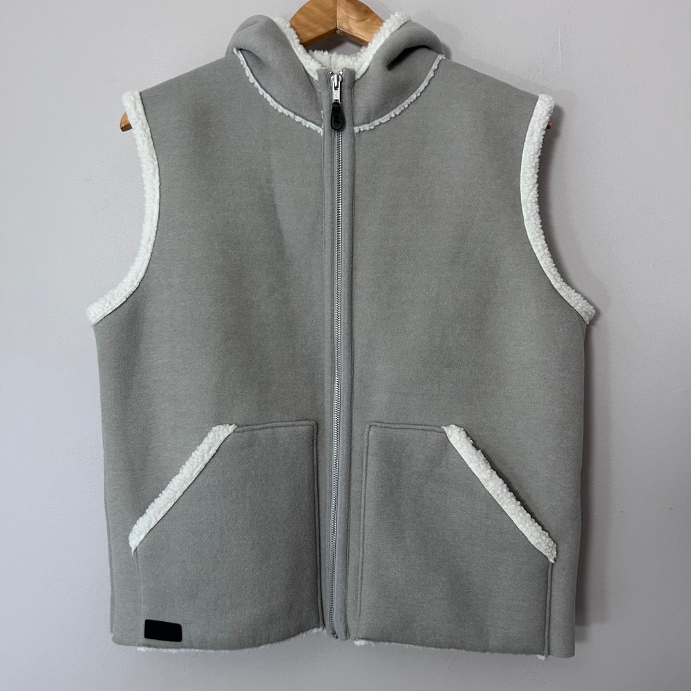 Lauren Ralph Lauren Vest Womens XL Gray Faux Shearling Hooded Full Zip Sherpa